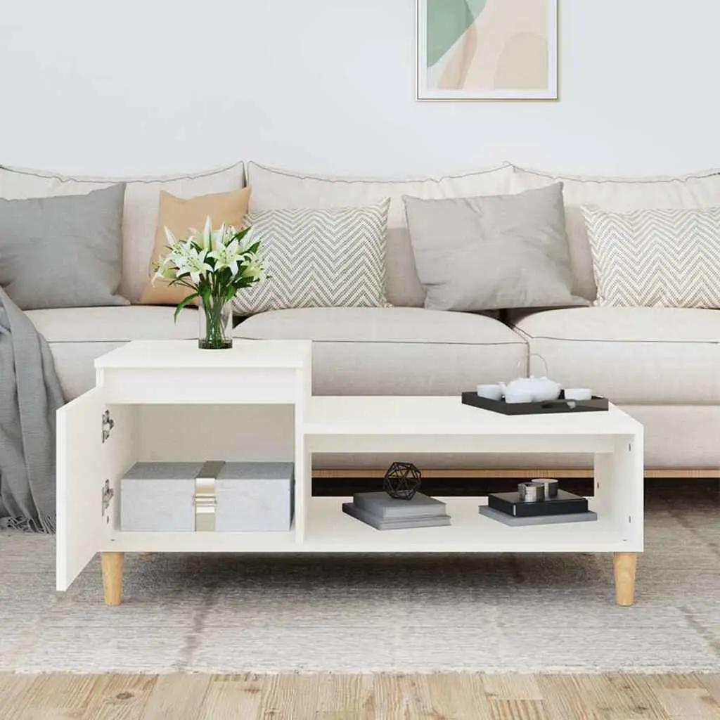 Coffee Table White Storage Compartment Shelf Living Room