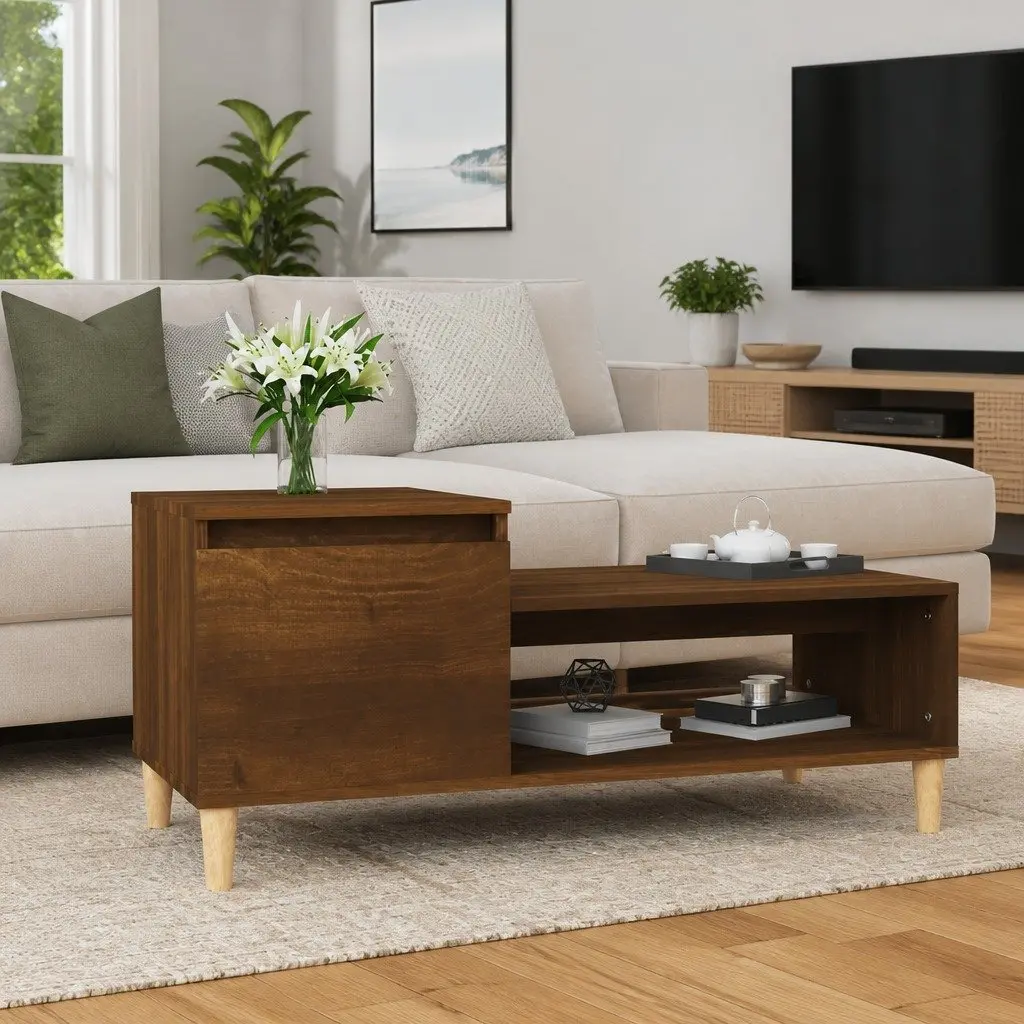 Coffee Table Brown Oak Living Room Furniture Engineered Wood Storage Compartment