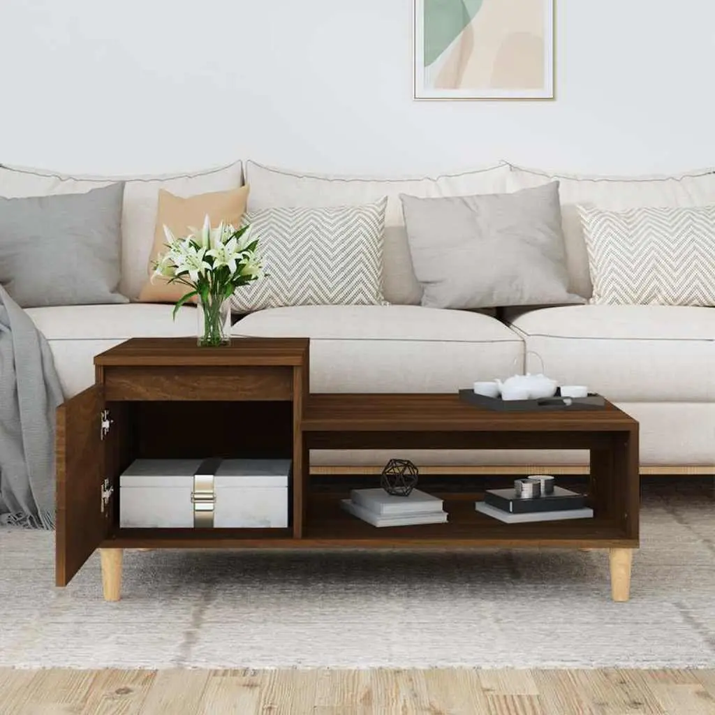 Coffee Table Brown Oak Living Room Furniture Engineered Wood Storage Compartment