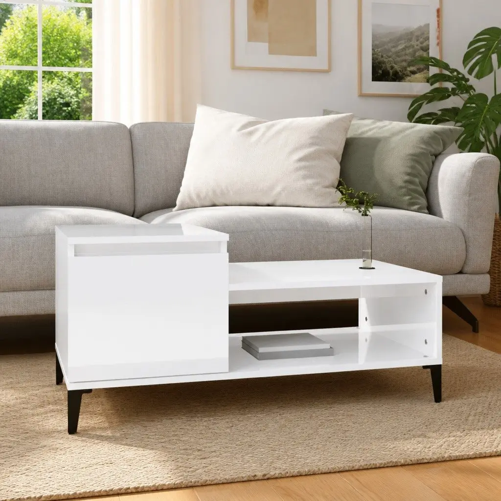 Coffee Table High Gloss White Storage Compartment Shelf Living Room 100x50x45 cm