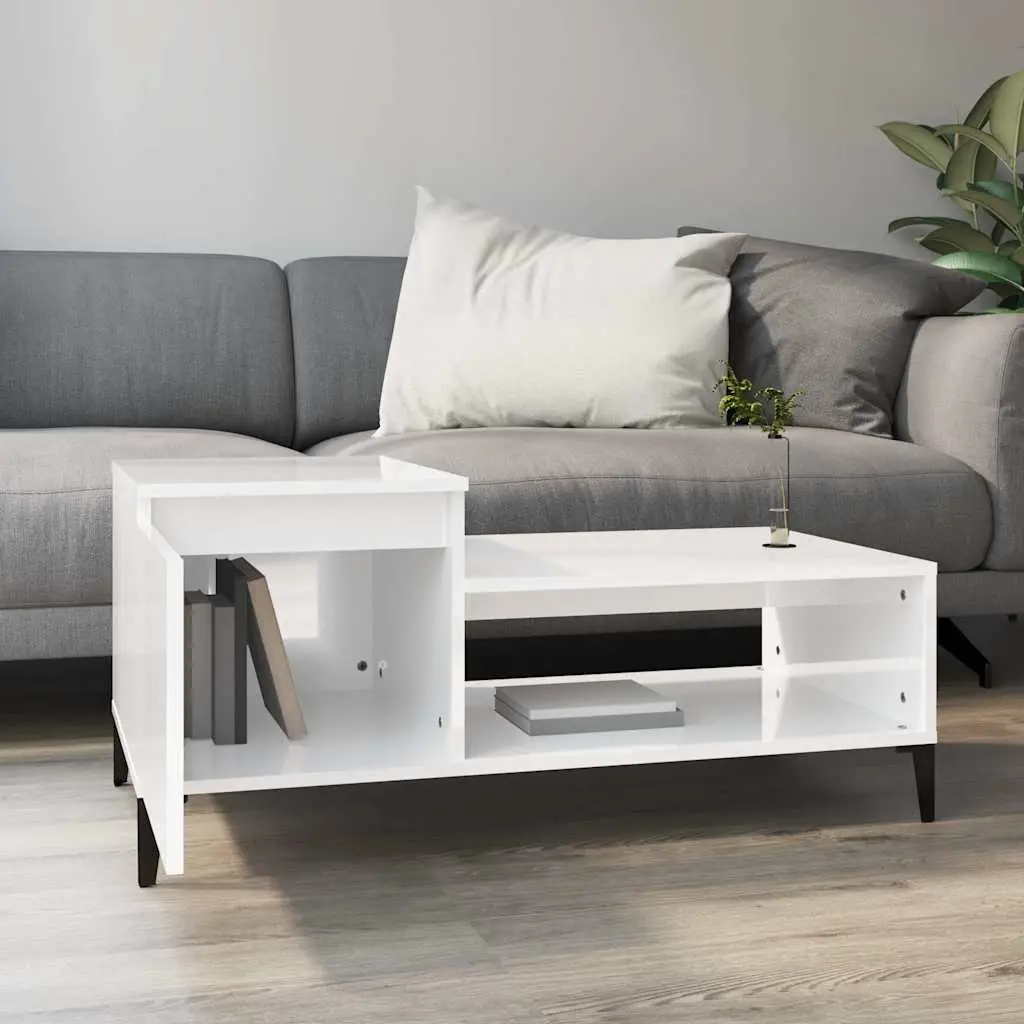 Coffee Table High Gloss White Storage Compartment Shelf Living Room 100x50x45 cm