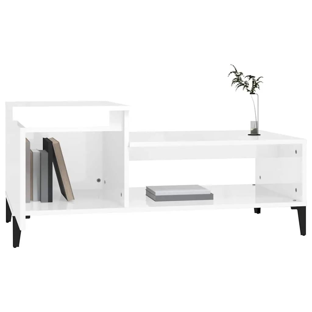 Coffee Table High Gloss White Storage Compartment Shelf Living Room 100x50x45 cm