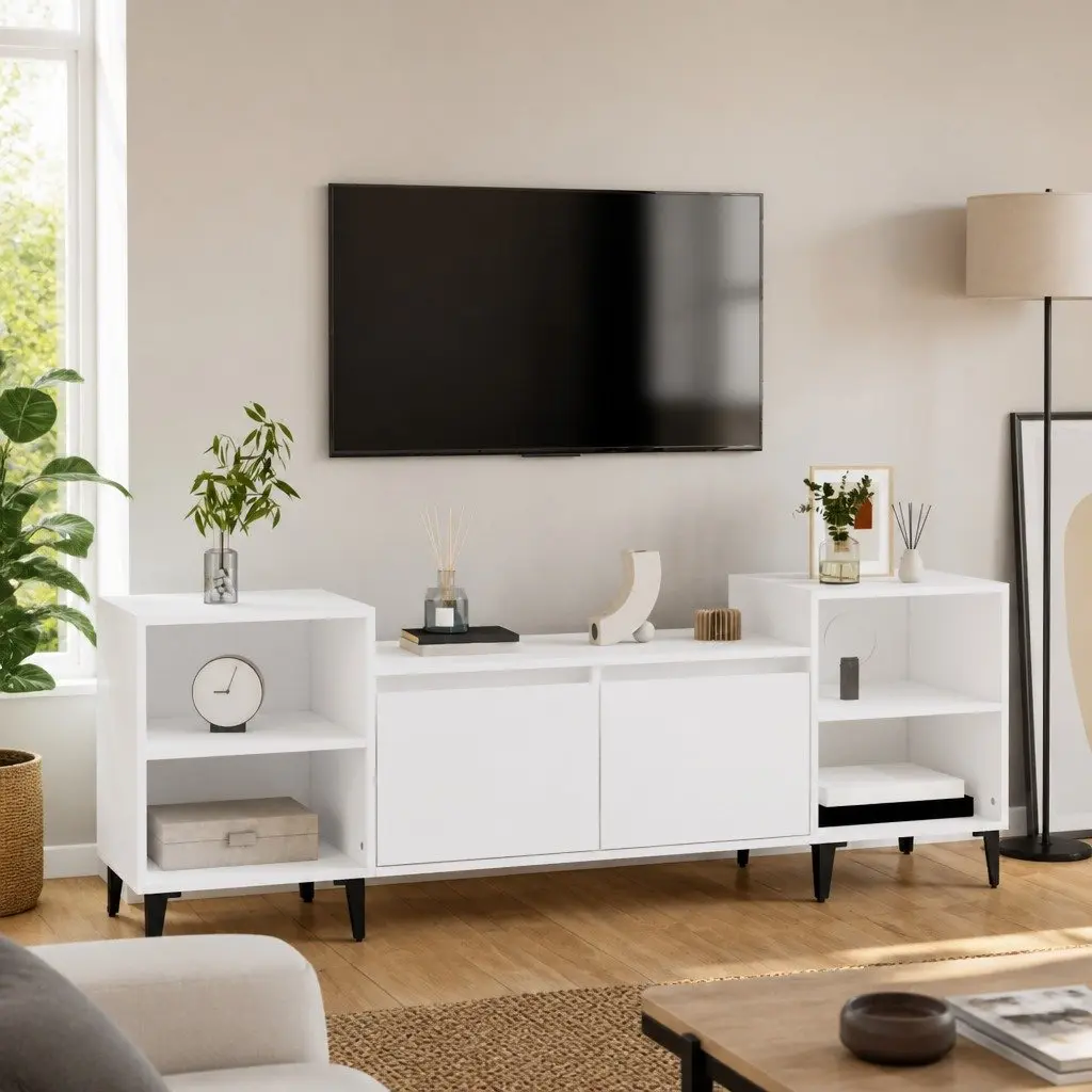 TV Cabinet Media Storage Unit 160x35x55 cm White with 6 Compartments Doors
