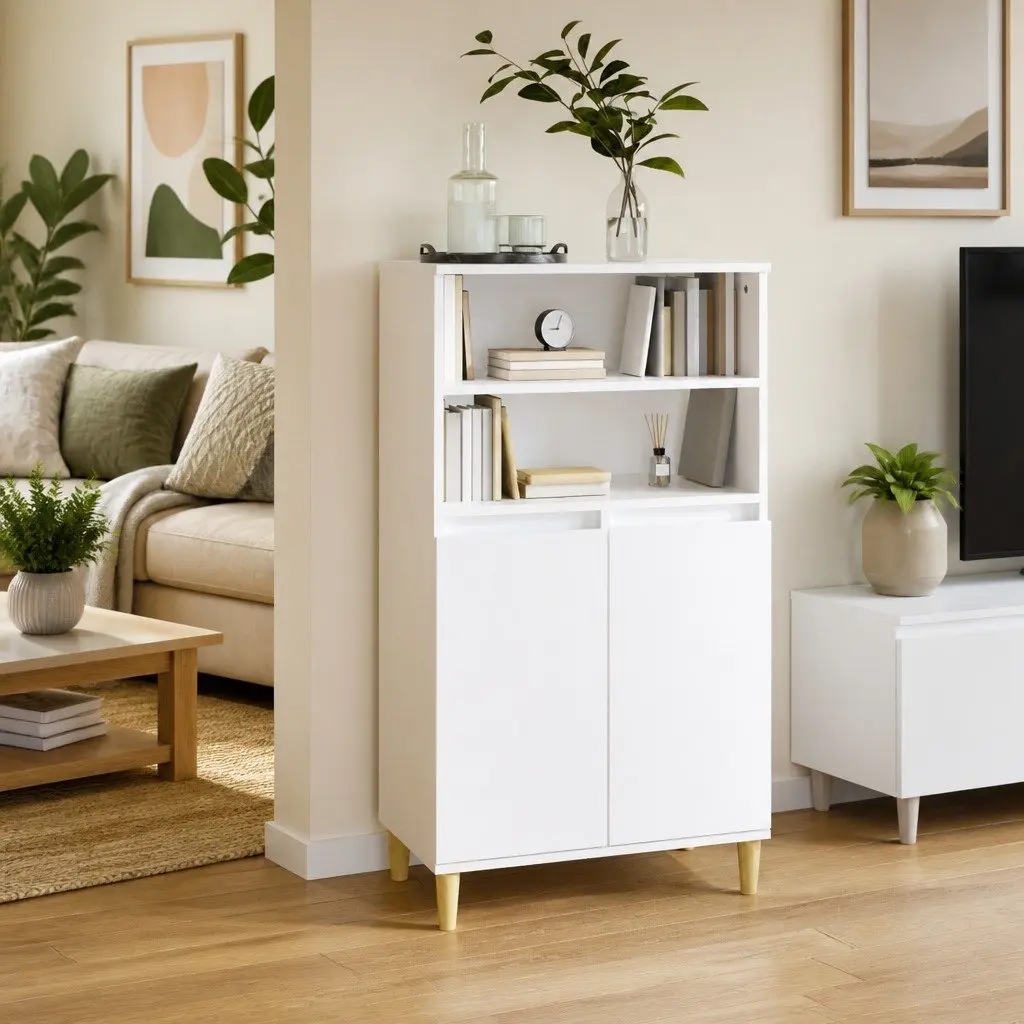 Highboard White Storage Cabinet 60x36x110 cm Engineered Wood Sideboard Shelf