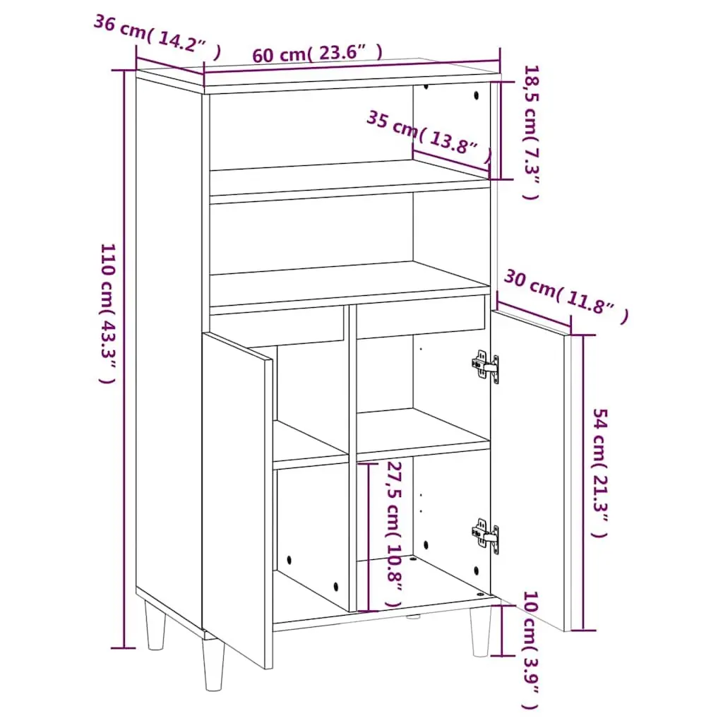 Highboard White Storage Cabinet 60x36x110 cm Engineered Wood Sideboard Shelf