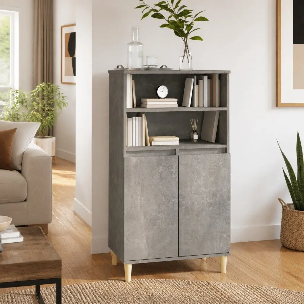 Grey Engineered Wood Highboard Storage Cabinet with Shelves and Doors