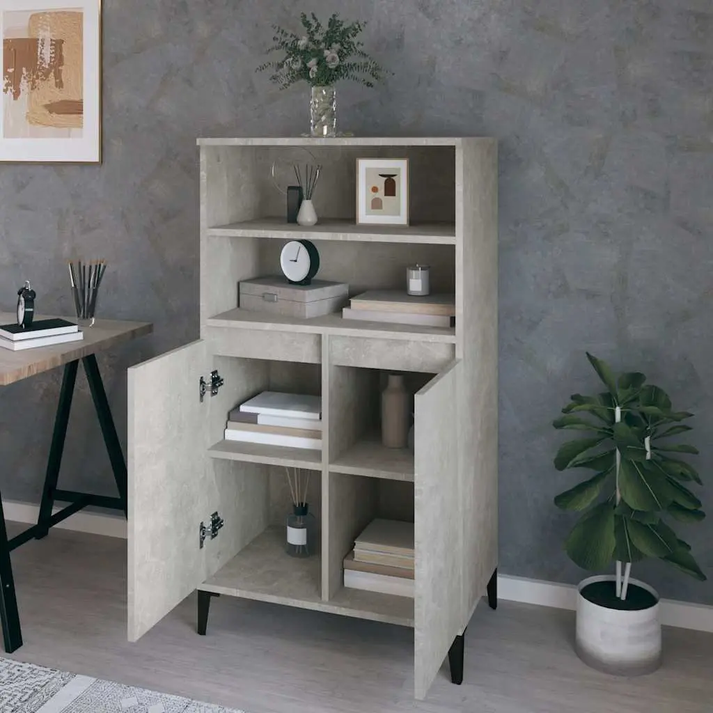 Highboard Storage Cabinet Grey Engineered Wood Sideboard with Metal Feet