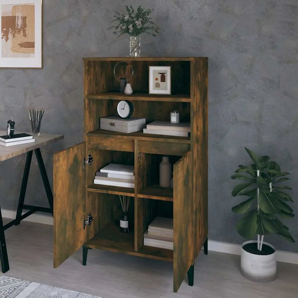 Highboard Sideboard Storage Cabinet Brown Engineered Wood with Metal Feet 60W x 36D x 110H cm