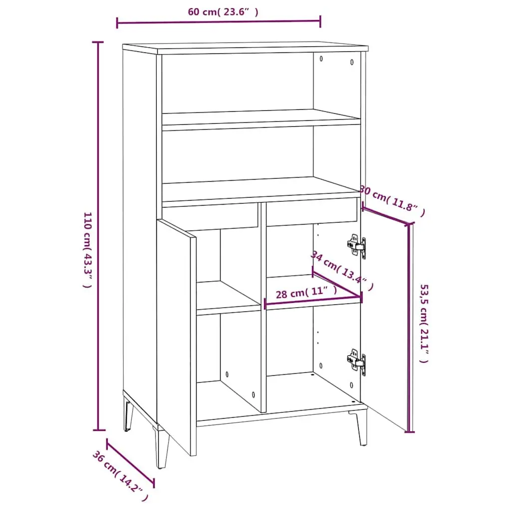 Highboard Sideboard Storage Cabinet Brown Engineered Wood with Metal Feet 60W x 36D x 110H cm
