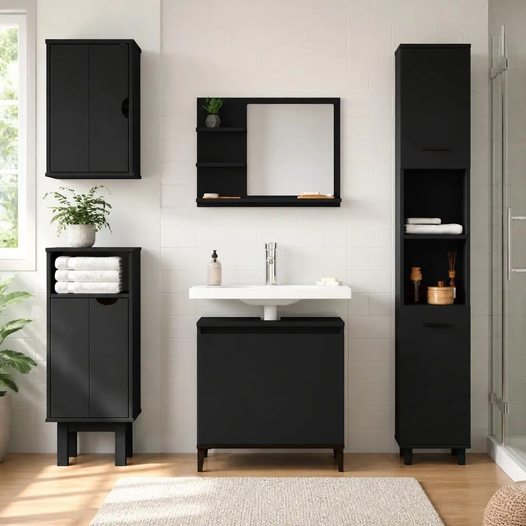 Wall-Mounted Sink Cabinet Bathroom Storage Unit 58 x 33 x 60 cm Black Engineered Wood