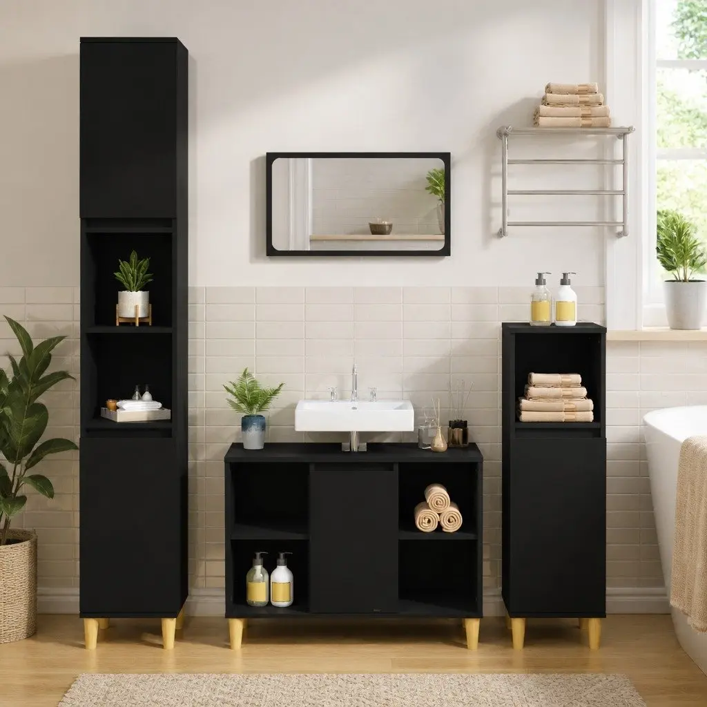 Sink Cabinet Bathroom Vanity Unit Storage Engineered Wood 80x33x60cm Black