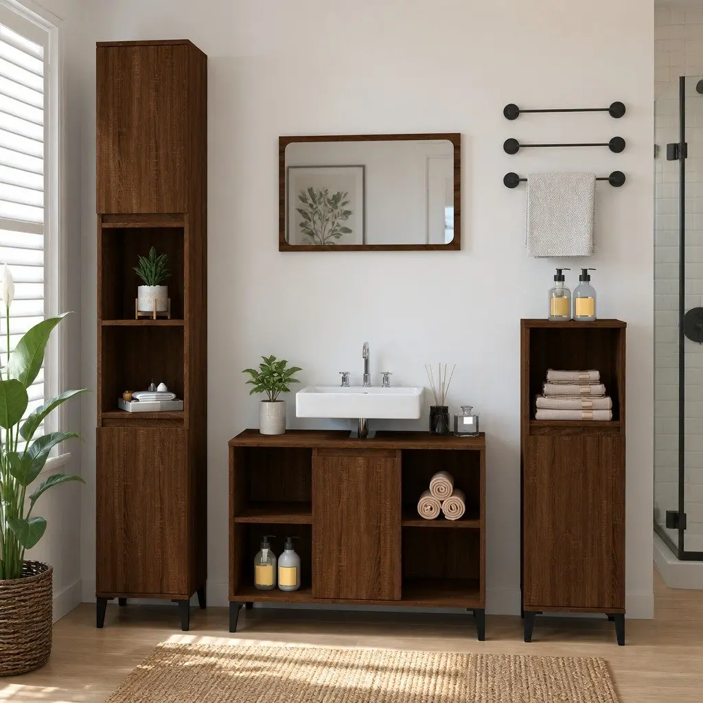 Bathroom Sink Cabinet Storage 80x33x60cm Brown Oak Engineered Wood Vanity Unit