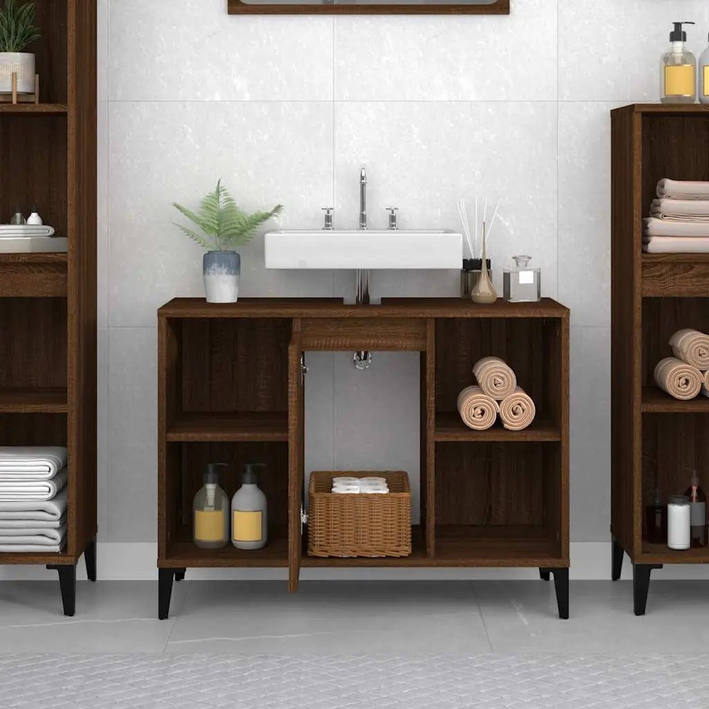 Bathroom Sink Cabinet Storage 80x33x60cm Brown Oak Engineered Wood Vanity Unit