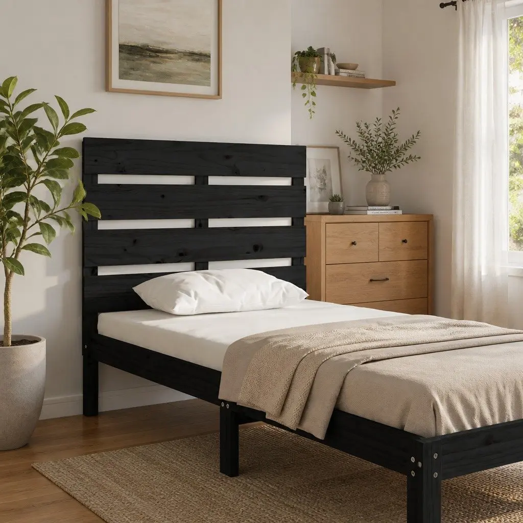 Wooden Bed Headboard 75cm Black Slatted Pine