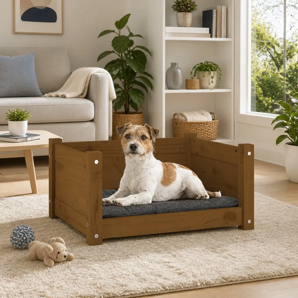 Dog Bed Wooden Rectangular Pet Sleep Nest Brown 55.5 x 45.5 x 28 cm