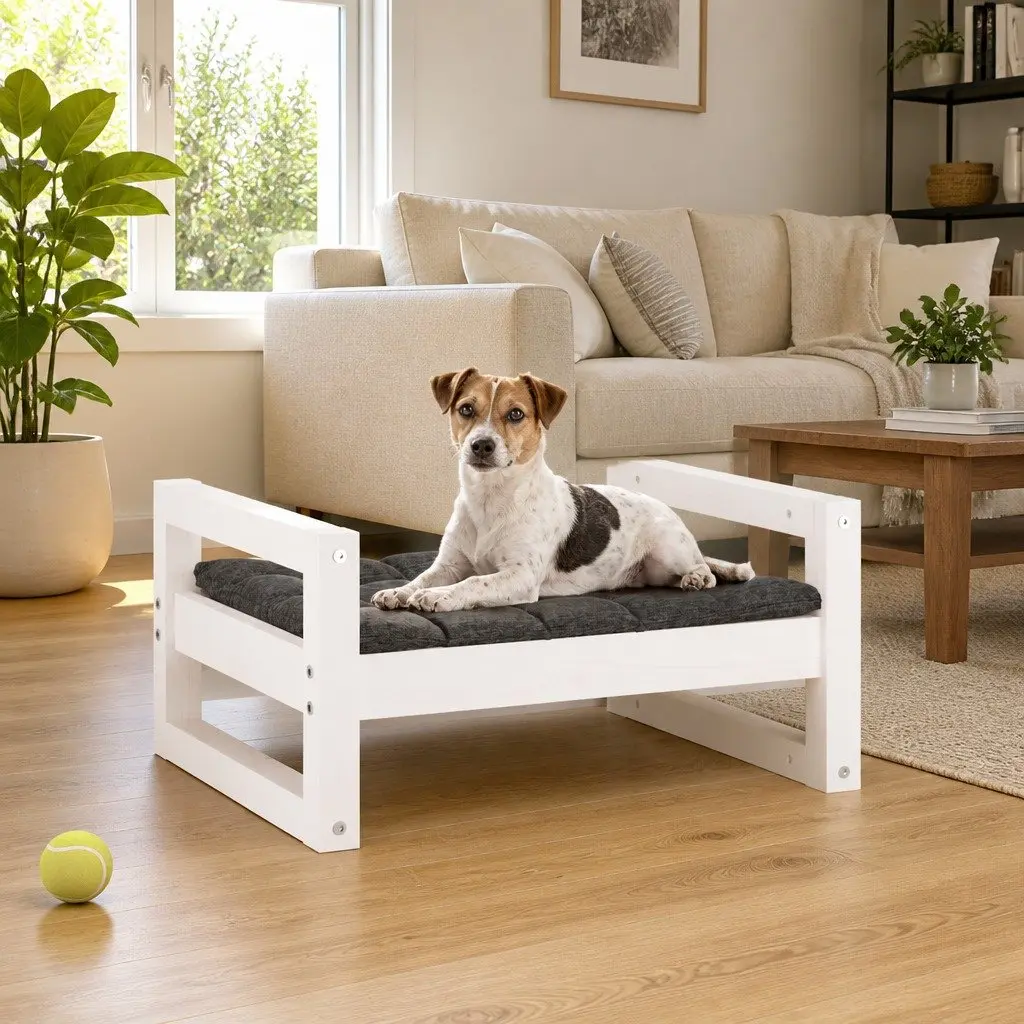 Dog Bed Elevated Rectangular Solid Pine Wood White 55.5 x 45.5 x 28 cm