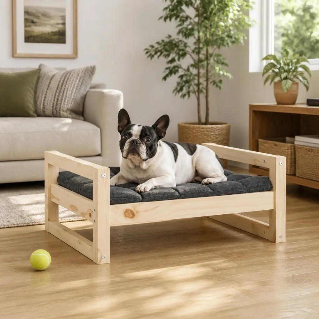 Dog Bed Elevated Rectangular Solid Pine Wood Brown