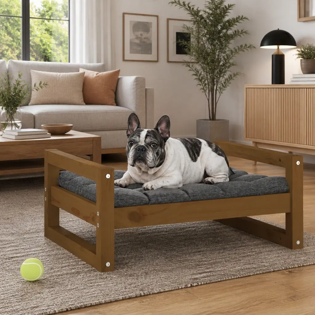 Dog Bed Rectangular Pet Sleeping Cushion Solid Pine Wood Honey Brown 65.5 x 50.5 x 28 cm