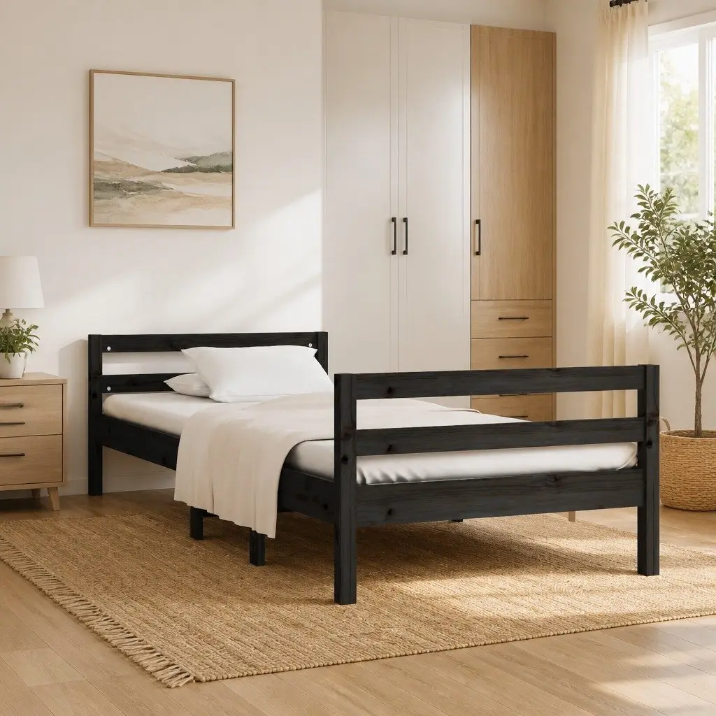 Solid Wood Bed Frame 90x190cm Black Finish