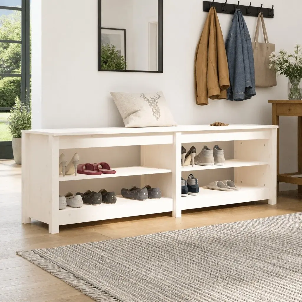 Shoe Bench Entryway Storage Rack 4 Open Shelves White Wooden Organiser