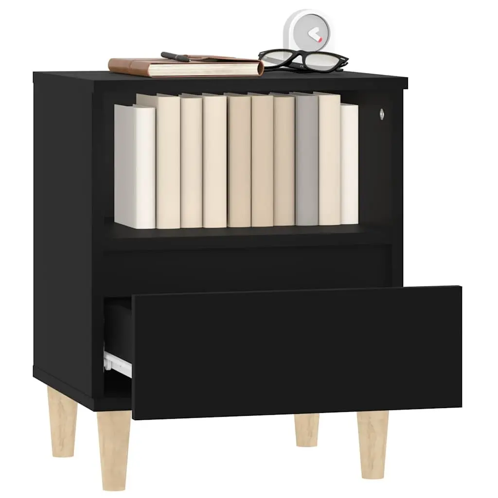 Bedside Cabinet 2 pcs Black Nightstand Storage Drawer Wooden Legs Side Table
