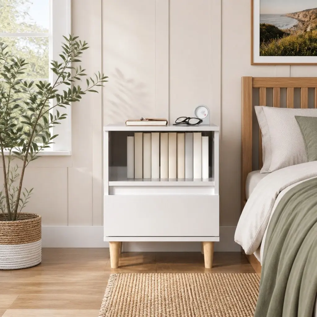 Bedside Cabinet White High Gloss Nightstand Storage Drawer Wooden Legs Side