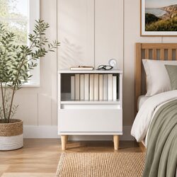 Bedside Cabinet White High Gloss Nightstand Storage Drawer Wooden Legs Side