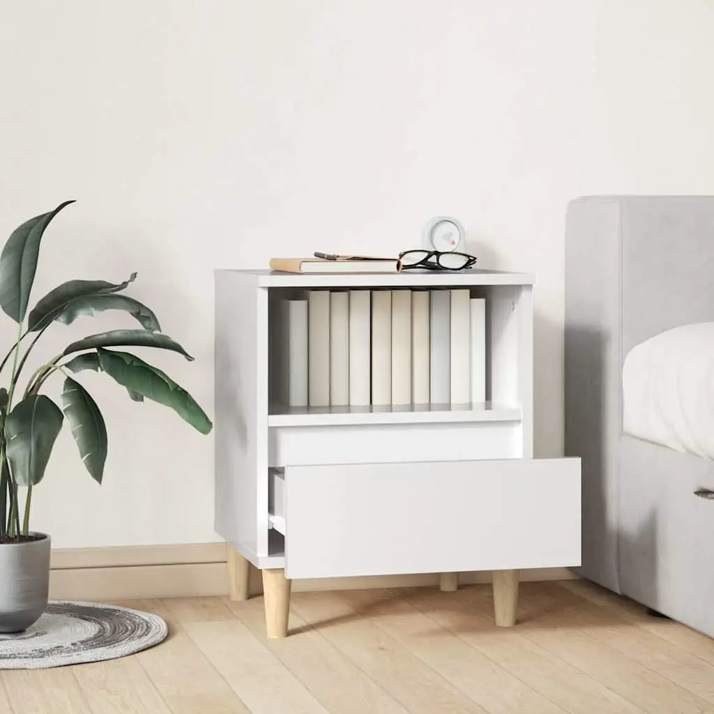 Bedside Cabinet White High Gloss Nightstand Storage Drawer Wooden Legs Side