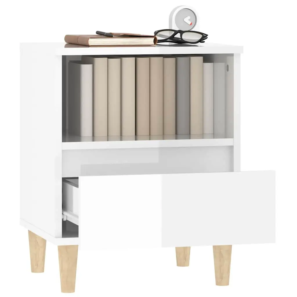 Bedside Cabinet White High Gloss Nightstand Storage Drawer Wooden Legs Side