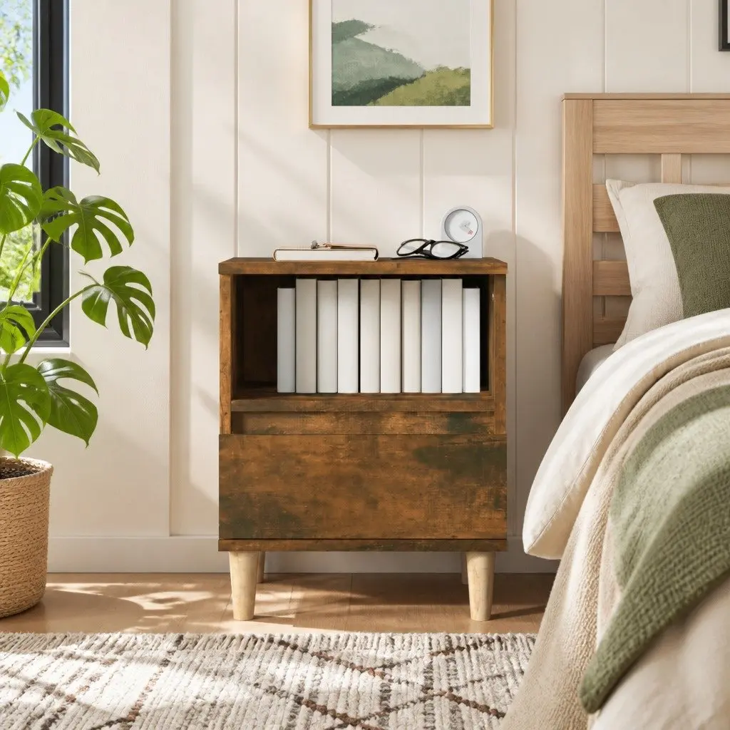 Bedside Cabinet Nightstand Storage Drawer 40x35x50cm Brown Wooden Legs