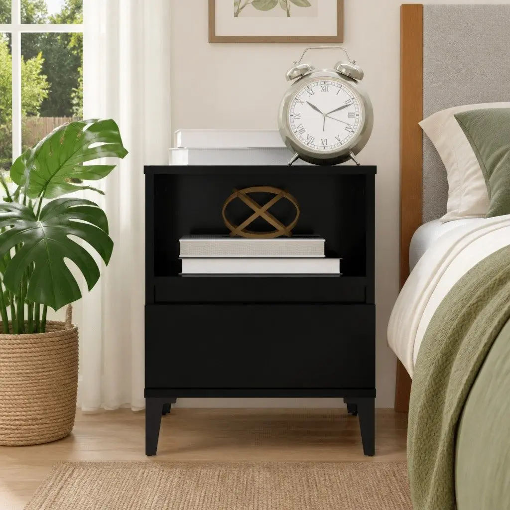 Bedside Cabinet Black Storage Nightstand with Drawer Compartment Metal Feet