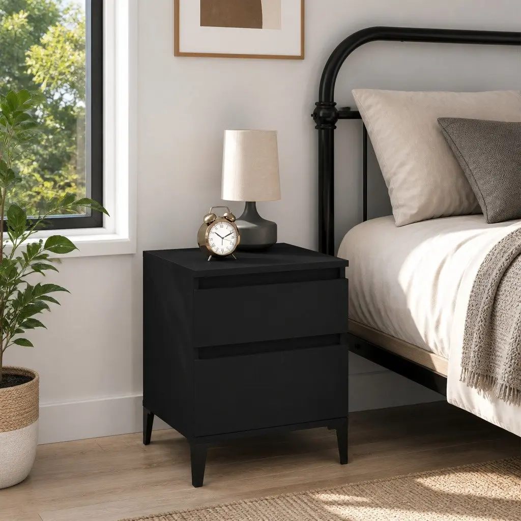 Bedside Cabinet Storage Black Nightstand Compact Engineered Wood Furniture
