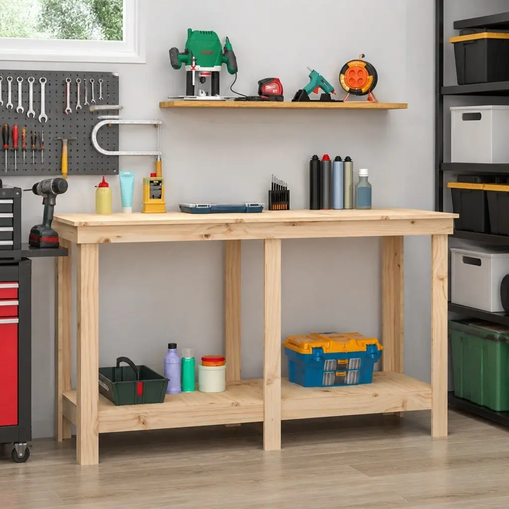 Work Bench Solid Wood Pine 140x50x80 cm Garage Storage Workbench Shelves Brown