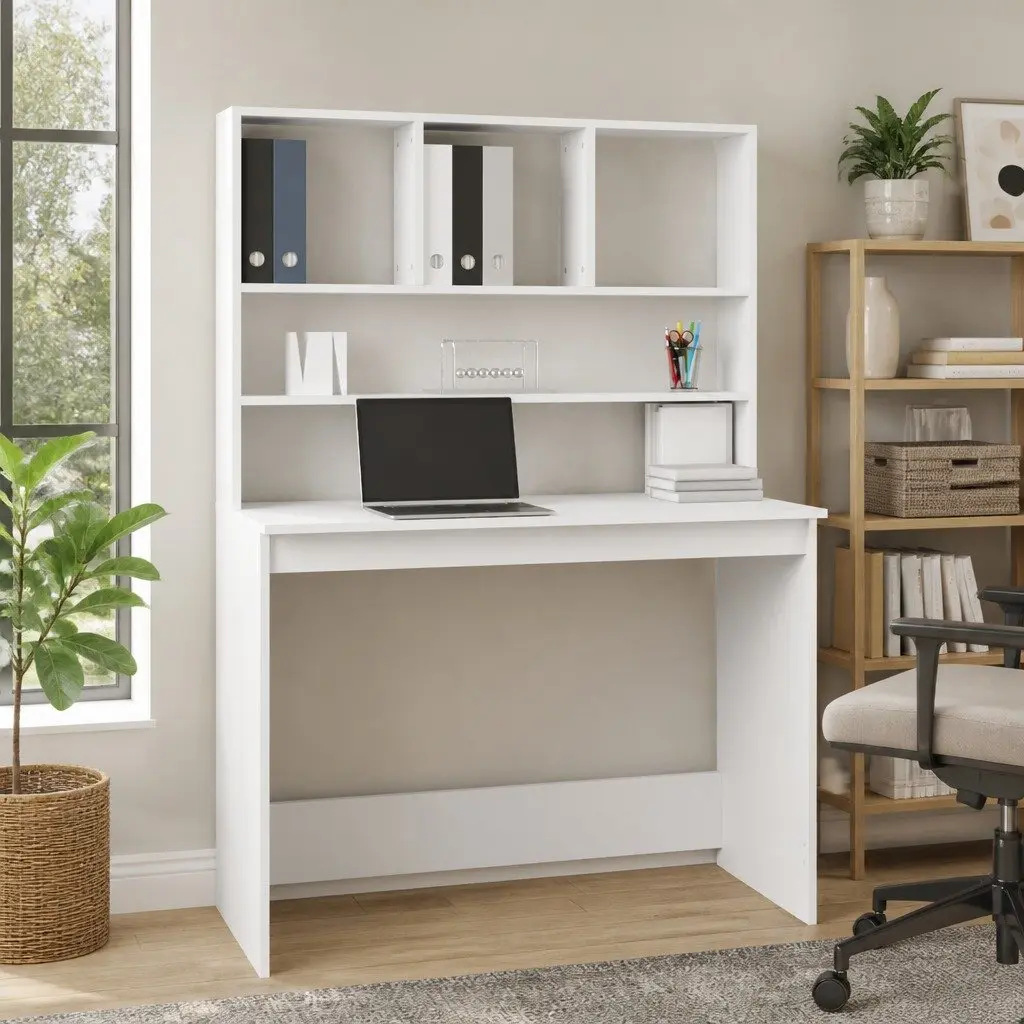 Desk with Shelves Storage Office Study Computer Workstation 102x45x148cm White