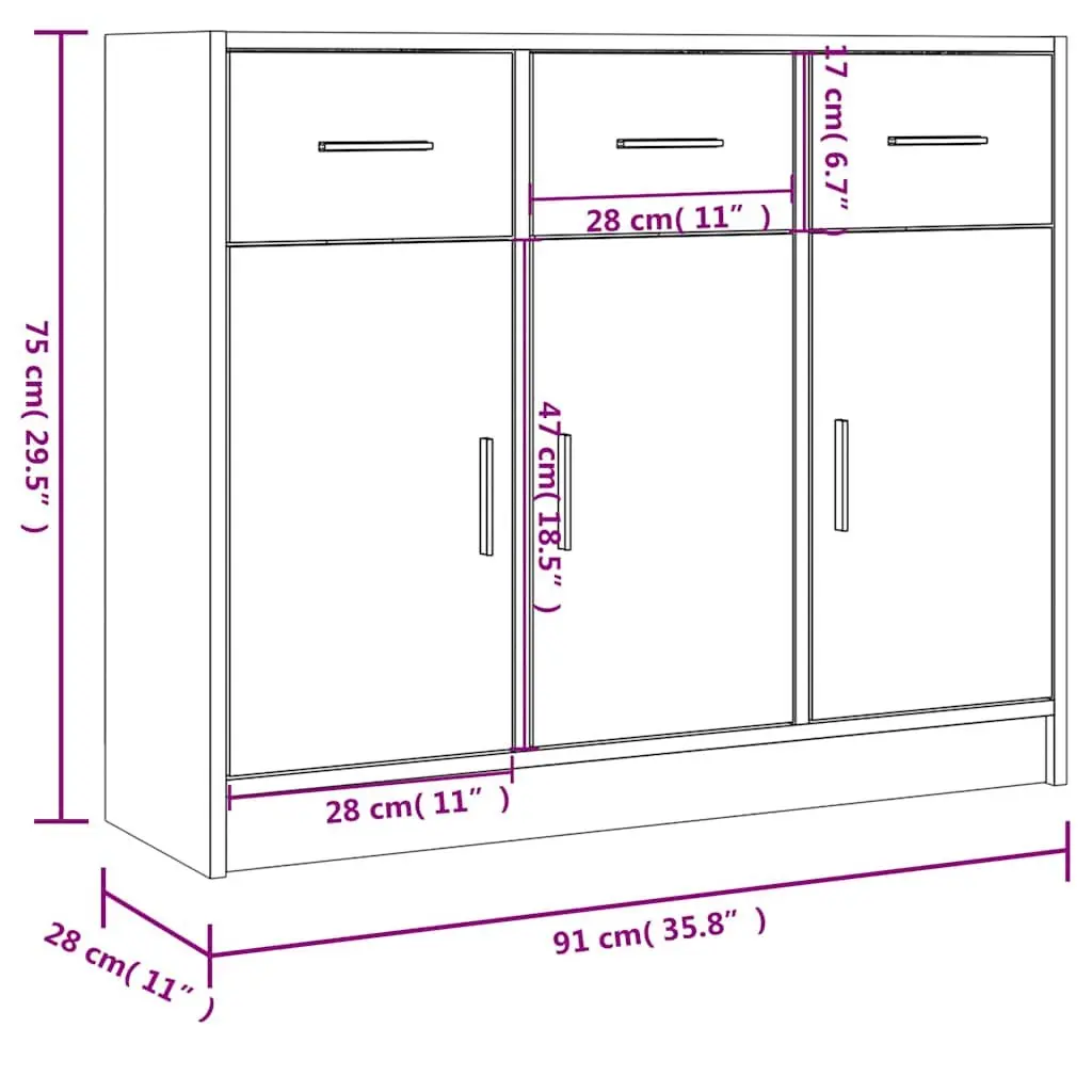 Sideboard Storage Cabinet 91x28x75cm White Engineered Wood Buffet Furniture