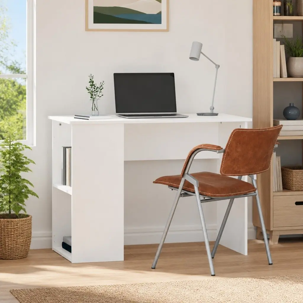 Office Desk Computer Workstation 100x55x75cm White with Storage Shelves