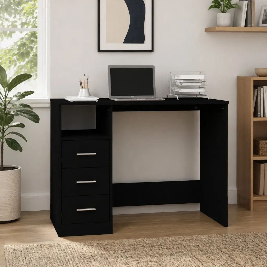Office Desk Study 102 x 50 x 76 cm Black Engineered Wood 3 Drawers Open Compartment