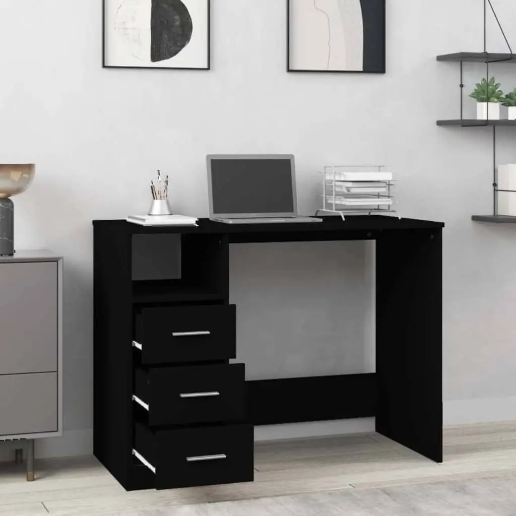 Office Desk Study 102 x 50 x 76 cm Black Engineered Wood 3 Drawers Open Compartment