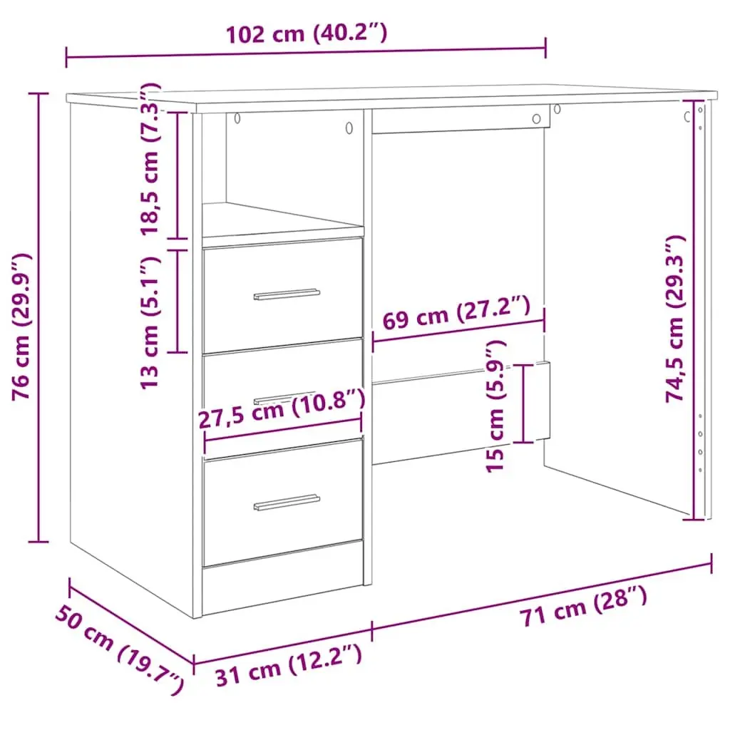 Office Desk Study 102 x 50 x 76 cm Black Engineered Wood 3 Drawers Open Compartment