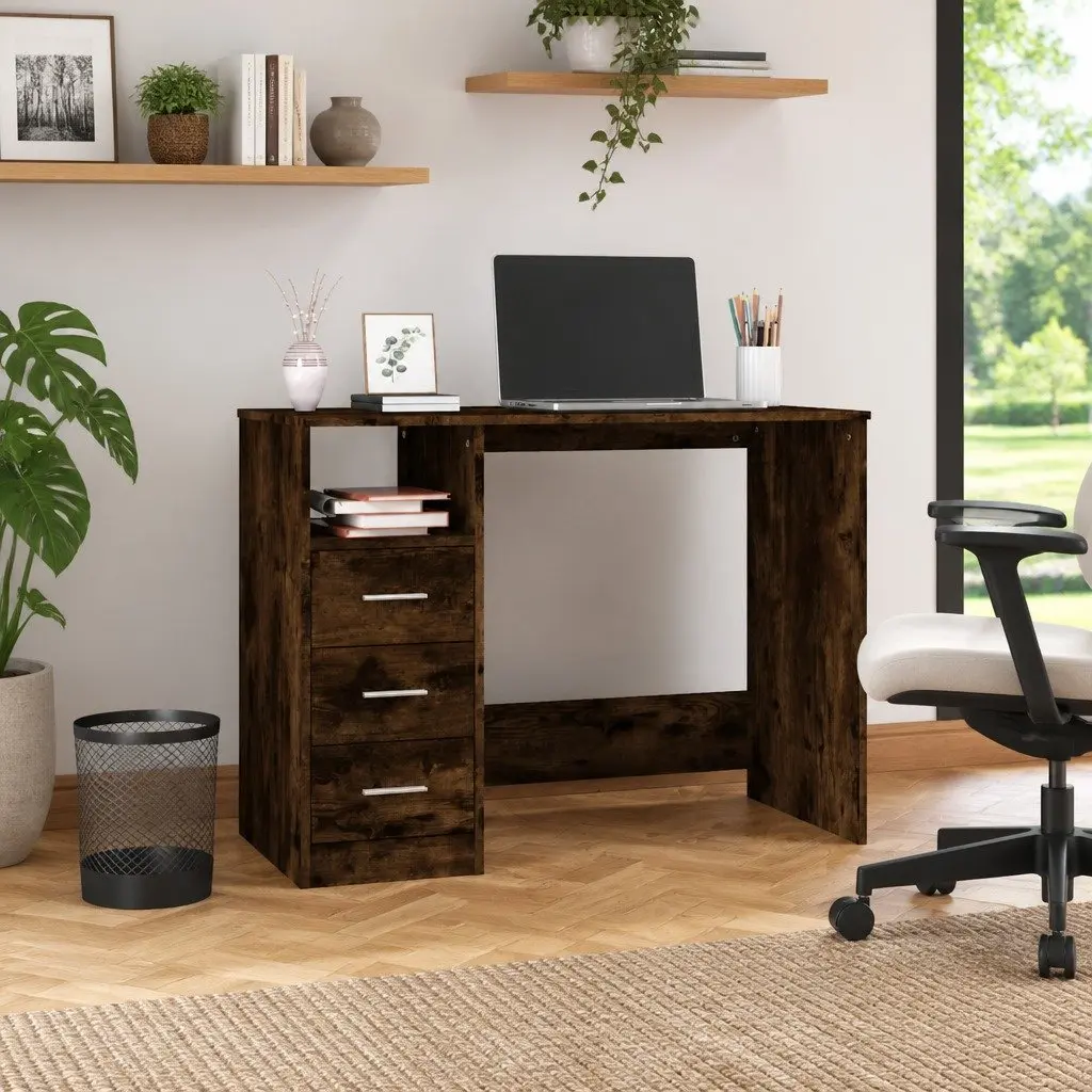 Office Desk Study Table 102cm x 50cm x 76cm Brown Engineered Wood with 3 Drawers Open Compartment