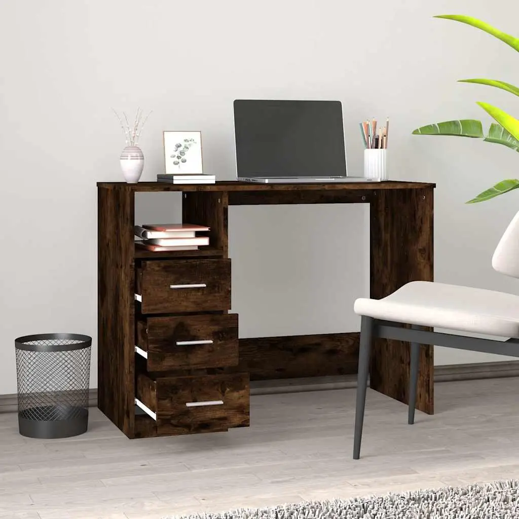 Office Desk Study Table 102cm x 50cm x 76cm Brown Engineered Wood with 3 Drawers Open Compartment