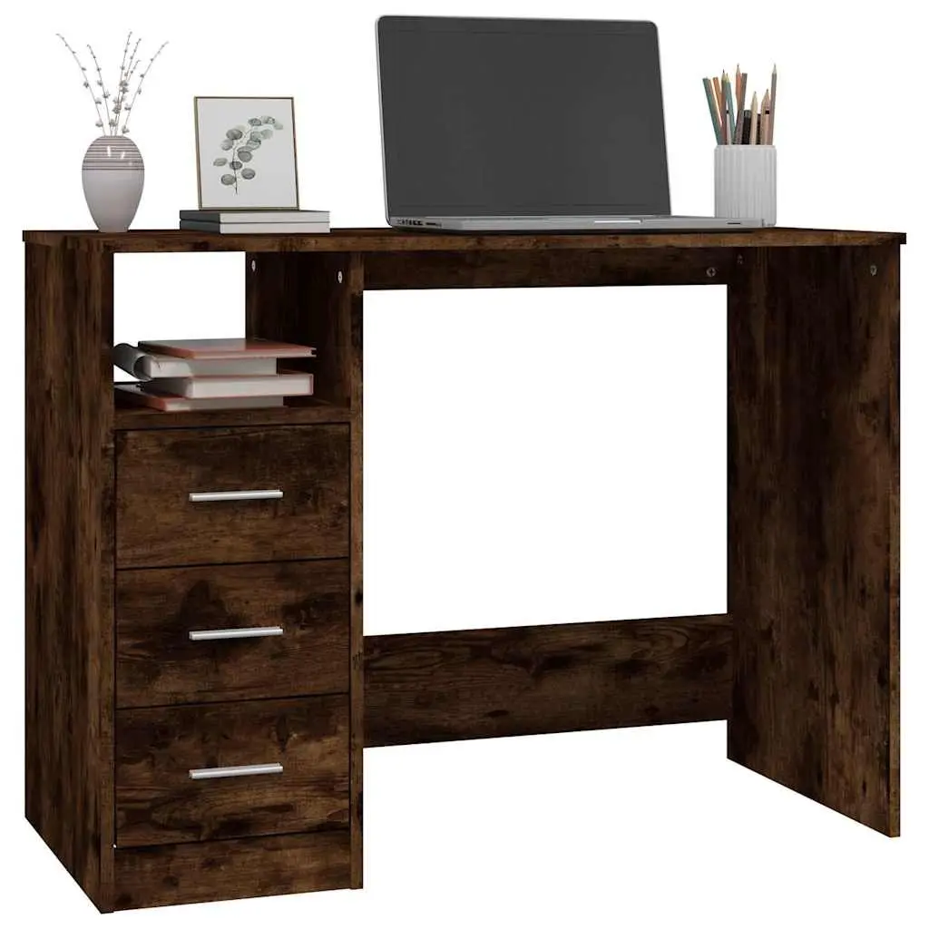 Office Desk Study Table 102cm x 50cm x 76cm Brown Engineered Wood with 3 Drawers Open Compartment