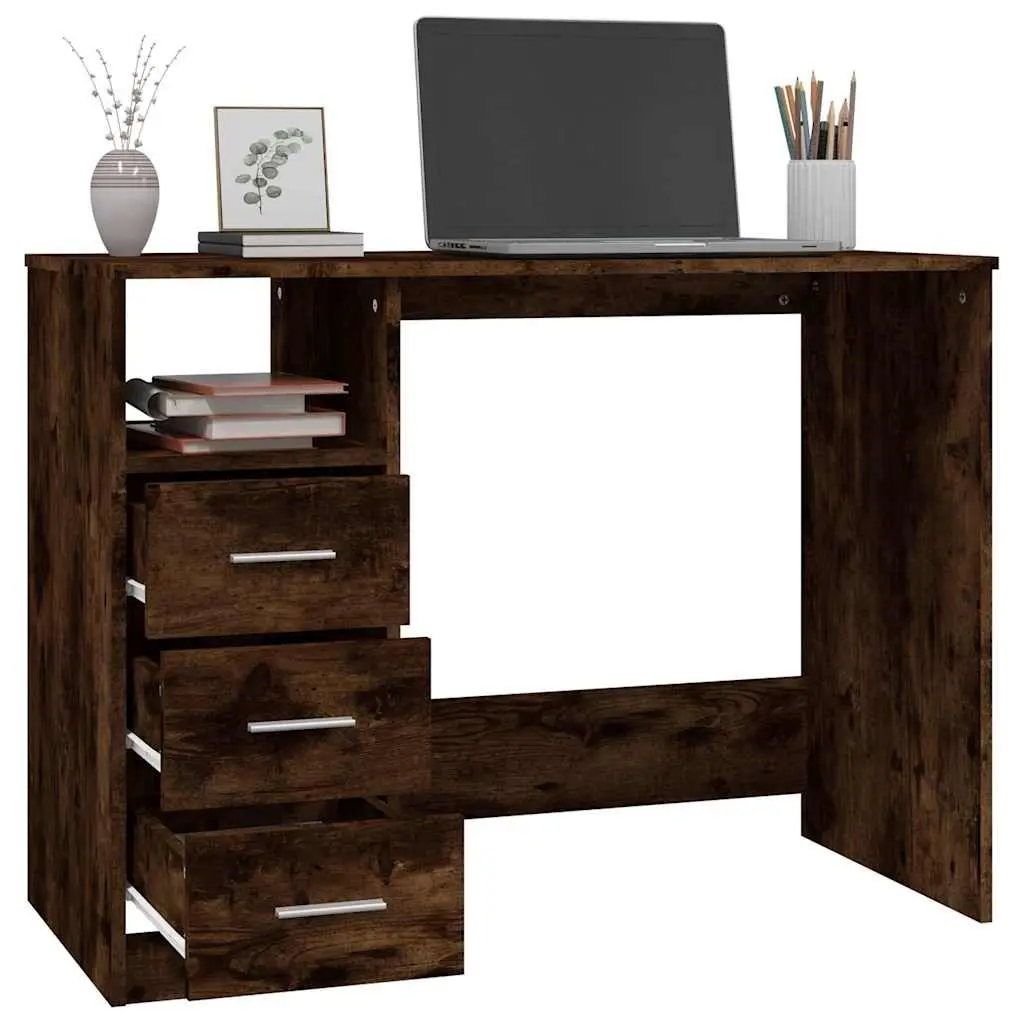 Office Desk Study Table 102cm x 50cm x 76cm Brown Engineered Wood with 3 Drawers Open Compartment