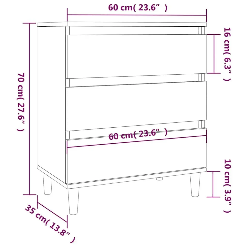 Sideboard White 60x35x70 cm Storage Cabinet 3 Drawers Engineered Wood Cupboard