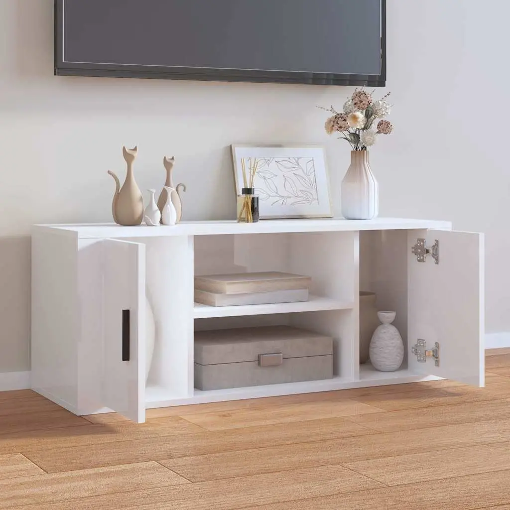 TV Cabinet White High Gloss Engineered Wood Media Unit 100 x 35 x 40 cm