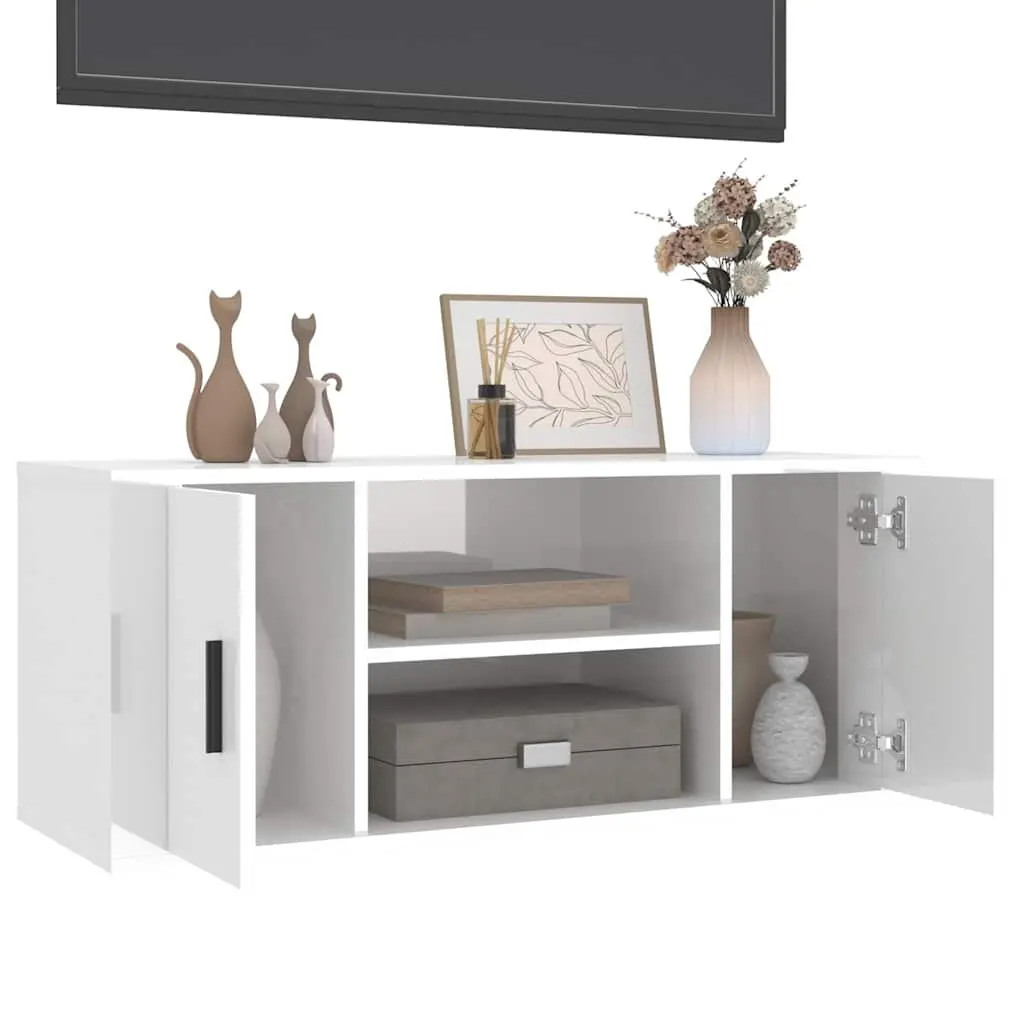TV Cabinet White High Gloss Engineered Wood Media Unit 100 x 35 x 40 cm