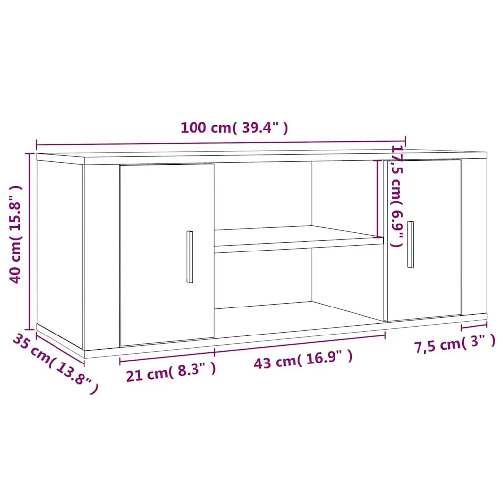 TV Cabinet White High Gloss Engineered Wood Media Unit 100 x 35 x 40 cm