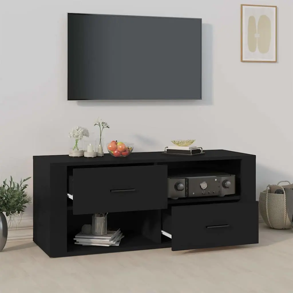 TV Cabinet Black Engineered Wood Storage Unit Drawers Compartments Media Stand