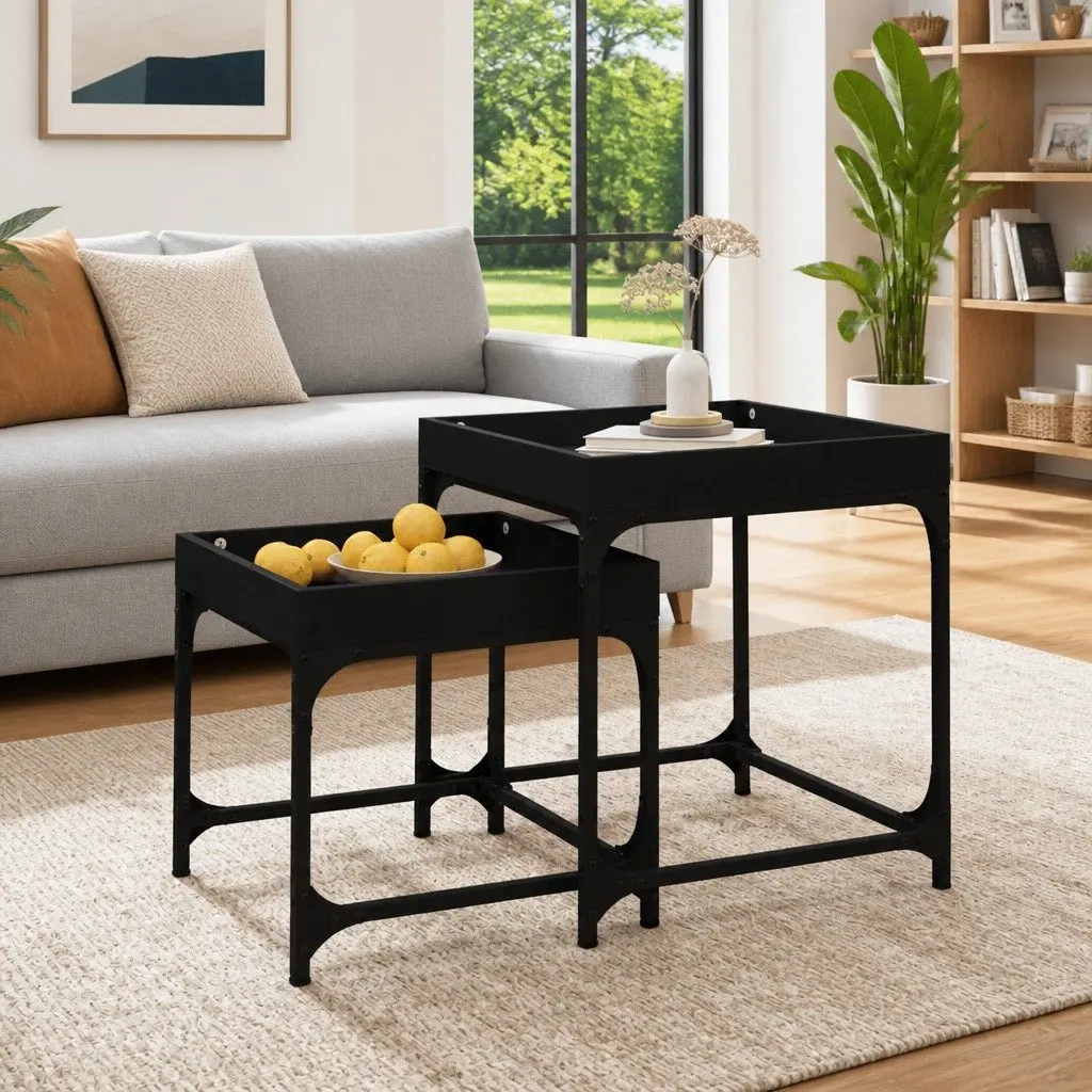 Side Tables Black Engineered Wood Steel Frame 2 Piece Coffee Accent Table Set
