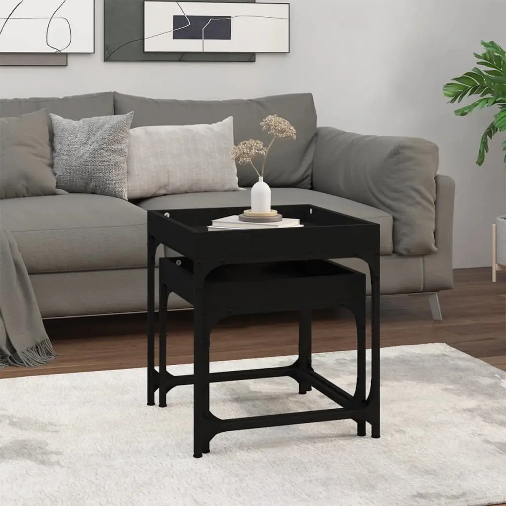 Side Tables Black Engineered Wood Steel Frame 2 Piece Coffee Accent Table Set
